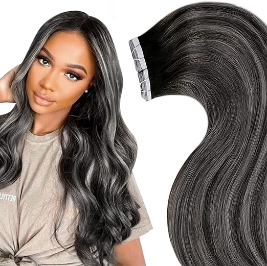 Tape-In Extensions – Black with Grey Highlights (#1/Grey)